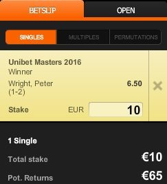 Wedden op Unibet Masters of Darts 2016 finale betslip